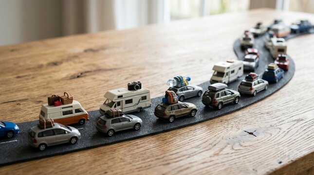 Collection of miniature travel vehicles including cars and campers loaded with luggage and accessories
