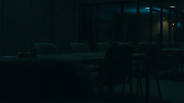 A dimly lit conference room at night with empty chairs and tables, illuminated by unseen monitors.