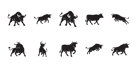 Fototapeta premium Nublang cattle silhouette poses. Bhutanese Nublang cattle in varied standing, walking and dynamic poses, isolated on white background for livestock, agriculture and animal design.