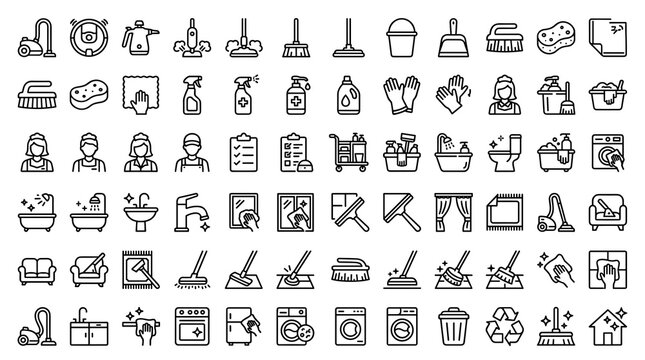 House Cleaning Linear Icon Set with Editable Stroke Symbols for Vacuuming, Steam Cleaning, Maid Service, Bathroom Care, Carpet Cleaning, Disinfection, and Windows