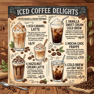 Iced Coffee Delights Menu Variety of Cold Coffee Drinks with Toppings