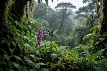 Fototapeta premium Tiny hummingbird hovers mid air near purple foxglove bloom. Small avian sips nectar in rich green forest with rain falling. Wild creature flits near vibrant flower.