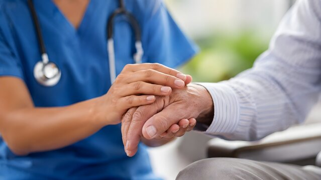A compassionate nurse holds the hand of an elderly person, symbolizing care, support, and the human connection in healthcare, conveying trust and empathy during a challenging time