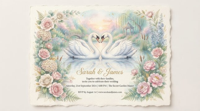 A watercolor wedding invitation depicts a serene landscape featuring two swans gracefully swimming in a pond.