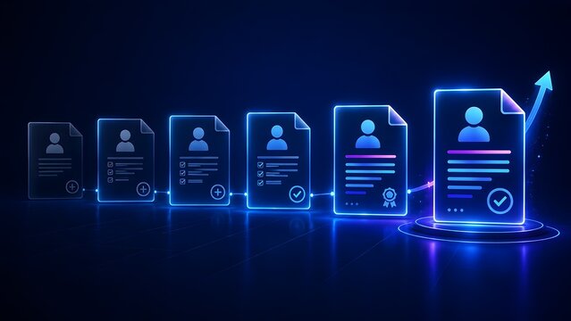 Sequence of glowing neon blue digital user profile documents with upward arrow showing progressive career growth and approval status