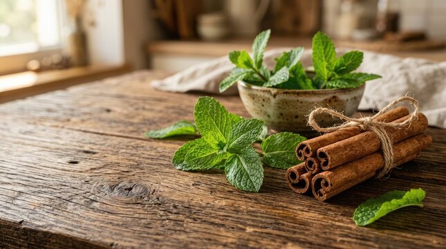 Fresh mint and cinnamon sticks are arranged on a rustic wooden table.