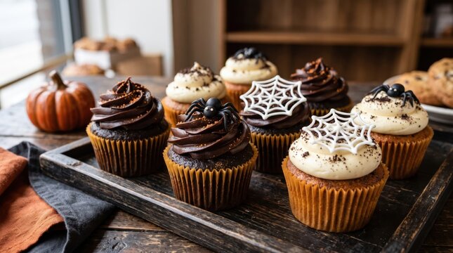 Close-up of halloween cupcakes, decorated with chocolate, spiderwebs, and spiders, on a rustic tray with a pumpkin, a warm autumnal indoor mood.
