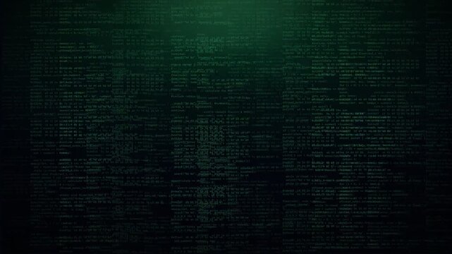 Dense green programming source code filling the frame on a dark background, for hacking, cybersecurity, and software development themes