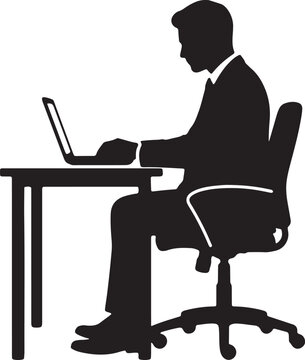 Businessman working on laptop at desk black vector silhouette graphic