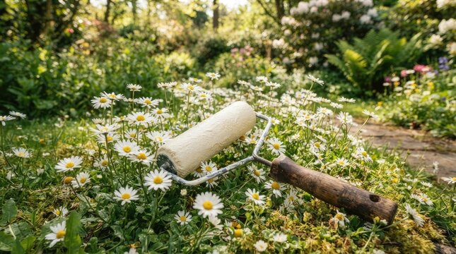 A paint roller rests amidst a vibrant wildflower meadow.