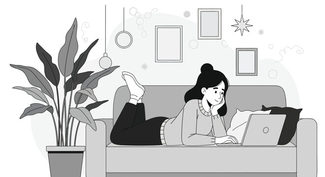 Young woman lying on comfortable sofa using laptop at home for remote work or study in cozy living room with plants and wall decorations in monochrome style.