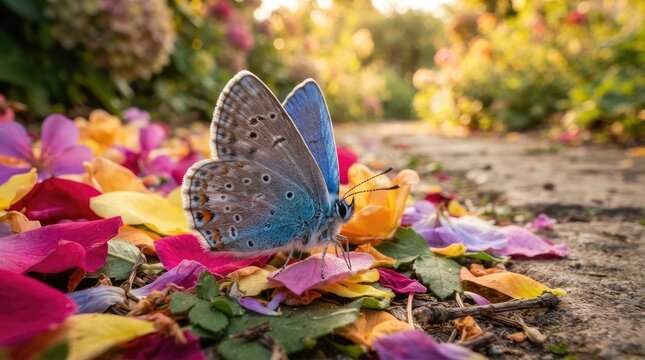 A vibrant blue butterfly delicately rests on a bed of colorful flower petals scattered across a dirt path.