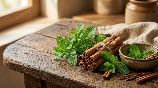 A rustic wooden table displays a bundle of cinnamon sticks and a sprig of fresh mint.