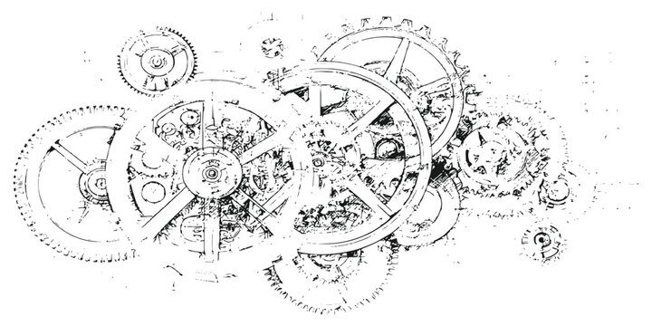 Vintage mechanical clockwork gears and cogs ink sketch mechanism background vector illustration graphic design art.