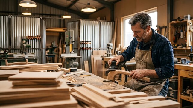 Skilled craftsman carving wood in a carpentry workshop beautifully lit