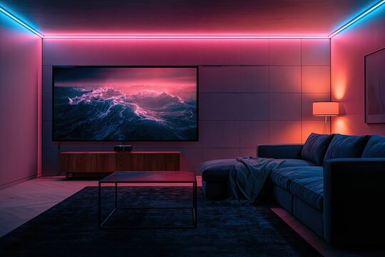 Modern living room with vibrant LED lighting and large screen