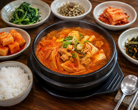 정갈하게 차려낸 한국 전통 밥상과 김치찌개