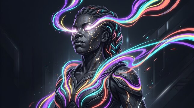 Abstract glowing cosmic female figure or energy lines stylishly illuminated