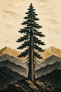 A detailed woodcut print showing a tall coniferous tree standing on a rocky peak with distant mountain ranges under a textured beige sky