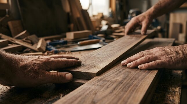 Skilled craftsman carving wood in a carpentry workshop professionally lit