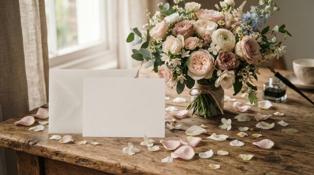 A beautiful, rustic bouquet of blush and white flowers sits on a weathered wooden table next to a blank white envelope.