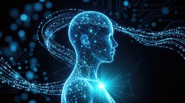A digital rendering showcases a human head overlaid with intricate blue circuitry and glowing data streams.