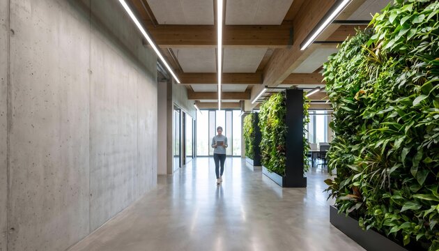 Open plan modern eco friendly architectural office interior with living plant wall and polished floor