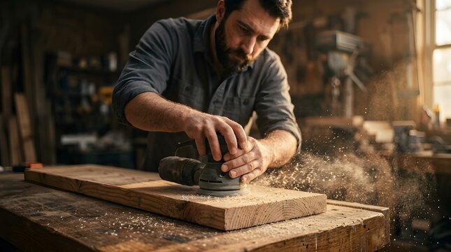 Skilled craftsman carving wood in a carpentry workshop professionally rendered
