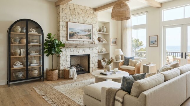 A bright and airy living room features a large stone fireplace as a focal point.