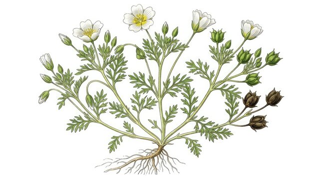 A delicate plant with white flowers and green foliage is depicted in a detailed illustration.