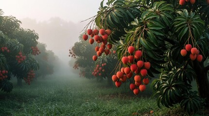 Obraz premium Ripe lychees grow on trees in orchard rows. Morning mist drifts through rich green foliage. Juicy red fruit hangs heavy on branches, creating a serene natural landscape.