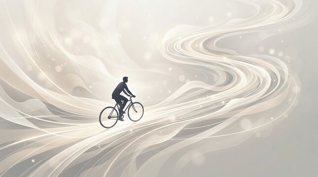 A silhouetted figure rides a bicycle along a winding, abstract path.