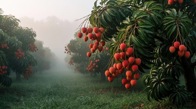 Ripe lychees grow on trees in orchard rows. Morning mist drifts through rich green foliage. Juicy red fruit hangs heavy on branches, creating a serene natural landscape.