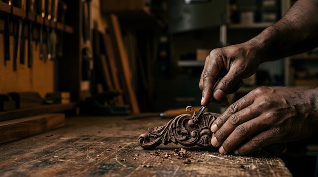 Skilled craftsman carving wood in a carpentry workshop creatively rendered