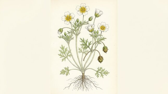 A detailed botanical illustration depicts a plant with small, white flowers and yellow centers.