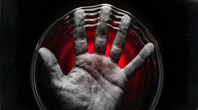 Abstract glowing red energy radiating from a human hand stunningly showcased