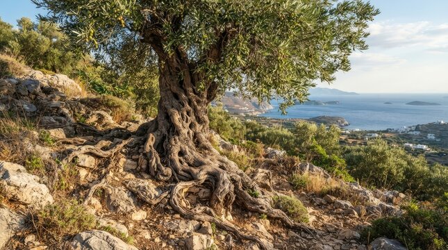 An ancient olive tree stands on a rocky hillside overlooking a coastal landscape.