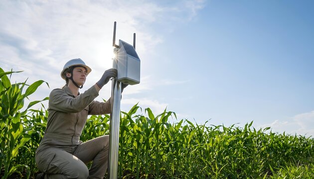 Engineer installing wireless weather station sensor node in modern agricultural field