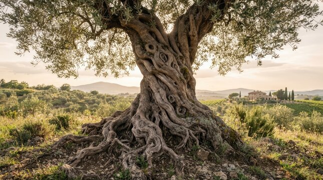 A massive, ancient olive tree dominates the foreground, its gnarled trunk and sprawling branches reaching towards a serene, golden sunset.