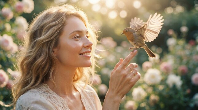 A beautiful woman with long blonde hair is gently holding her finger out, allowing a small robin to perch on it.