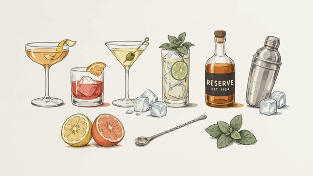 An assortment of classic cocktails citrus fruits and bar tools is rendered in a watercolor style cocktails martini