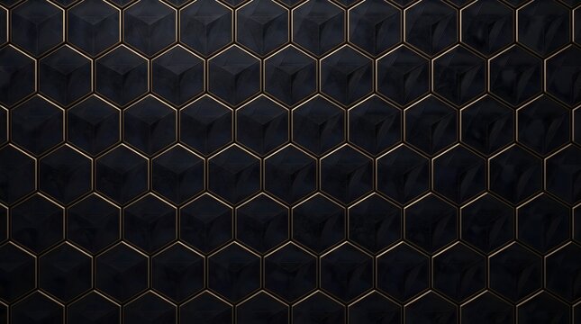 Luxury black hexagon pattern with gold outlines, modern 3D geometric dark textured background