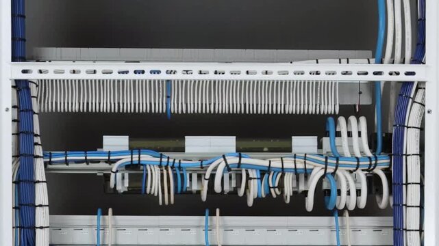 The reverse side of the electrical switchboard. The connected wires are tied with plastic ties.