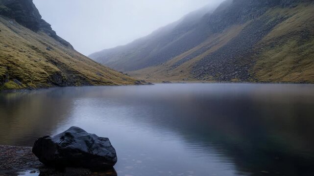 Scenic Mist-covered Mountain Lake Surrounded by Rocky Hills