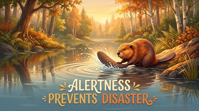 A beaver building its dam on a calm river surrounded by a vibrant autumn forest at sunset with the inspirational text "Alertness Prevents Disaster"