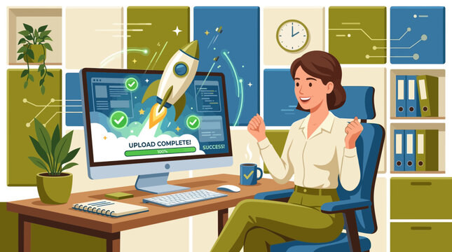 Woman celebrating successful website launch on computer.