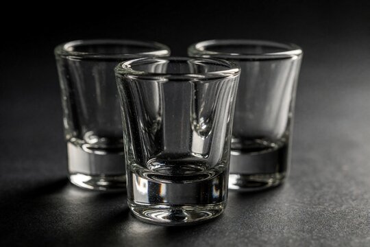 Three clear glass shot glasses sit empty on a dark grey textured surface. These small tumblers are ready for spirits or cordials. Minimalist still life focus on glassware.