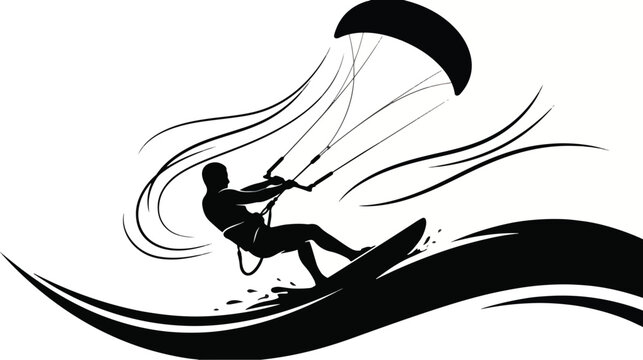 Kitesurfer silhouette riding waves with a large kite in a minimal vector graphic style