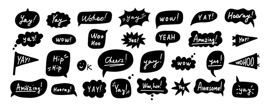 Doodle Bubble Speech with Yay Text Sticker Set. Yay Typography Balloon Sticker Kit. Playful Hurray Speechbubble Chat Collection. Handdrawn Vector Illustration