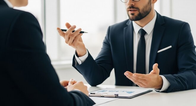 Business consultant in deep discussion with a client during a professional meeting with strategic planning documents.